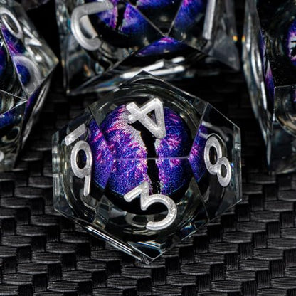 ARUOHHA DND Resin Dice Dragon Eye Dice Liquid Core Purple Sharp Edged Dice Set with Gift Box, Dungeons Polyhedral D and D Dice Set Compatible with D&D Role Playing Game D20 D12 D10 D8 D6 - color: Ly02-purple Black