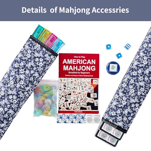 American Mahjong Set,166 Premium Acrylic Tiles with Blue Prints, 4 All-in-One Color Rack/Pushers, Complete Mahjong Game Set with Floral Blue Carrying Bag