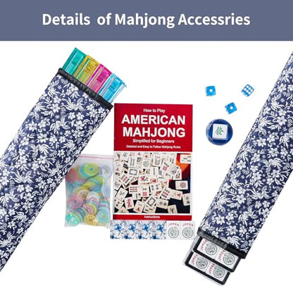 American Mahjong Set,166 Premium Acrylic Tiles with Blue Prints, 4 All-in-One Color Rack/Pushers, Complete Mahjong Game Set with Floral Blue Carrying Bag
