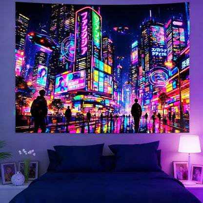 KKYEJLQYIUV Reactive Tapestry, Black Light Neon Wall Tapestry, Luminous Space Tapestry, Bedroom, Living Room, Game Room Decoration Large Tapestry, Cyber City - color: City-3