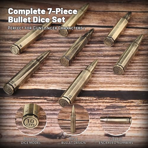 CZYY Rifle Bullet Dice Set, Metal 7 Polyhedral Dice Set for Tabletop Games | D4 to D20 & D%, Spinning Cylinder-Style Case, Cartridge Holder Belt, Gift for RPG Players & Collectors, Bronze - color: Bronze