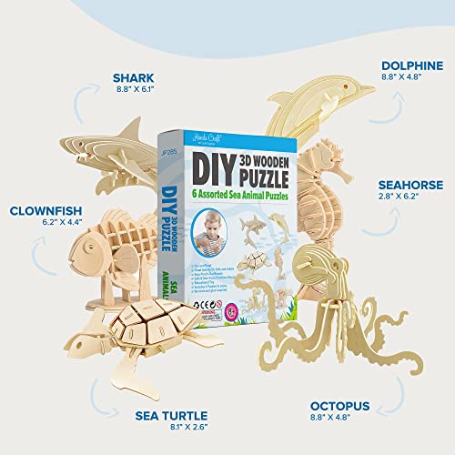 Hands Craft DIY 3D Wooden Puzzle – 6 Assorted Sea Animals Bundle Pack Set Brain Teaser Puzzles Educational STEM Toy Adults and Kids to Build Safe and Non-Toxic Easy Punch Out Premium Wood JP2B5 - color: Sea Animals