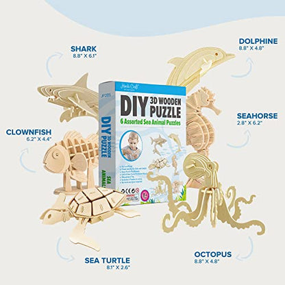 Hands Craft DIY 3D Wooden Puzzle – 6 Assorted Sea Animals Bundle Pack Set Brain Teaser Puzzles Educational STEM Toy Adults and Kids to Build Safe and Non-Toxic Easy Punch Out Premium Wood JP2B5 - color: Sea Animals