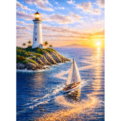 Puzzles for Adults 500 Pieces, Lighthouse Jigsaw Puzzles - Golden Voyage, Impossible Ocean Puzzles for Seniors Family, 20.47x14.96 inches, 1:1 Poster, Letter on the Back