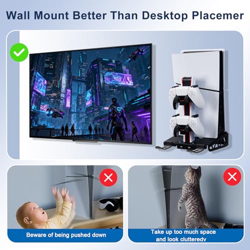 WishJazz PS5/Slim/Pro Wall Mount Kit with Cooling Fan & Charging Station, PS5 Shelf Wall Mount Accessories, Steel Wall Stand with Dual Controller Charger, Headset Hanger for All PS5 Versions