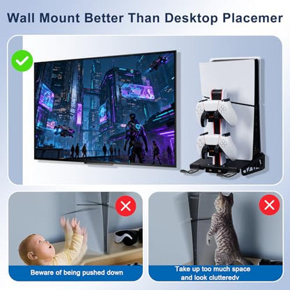 WishJazz PS5/Slim/Pro Wall Mount Kit with Cooling Fan & Charging Station, PS5 Shelf Wall Mount Accessories, Steel Wall Stand with Dual Controller Charger, Headset Hanger for All PS5 Versions