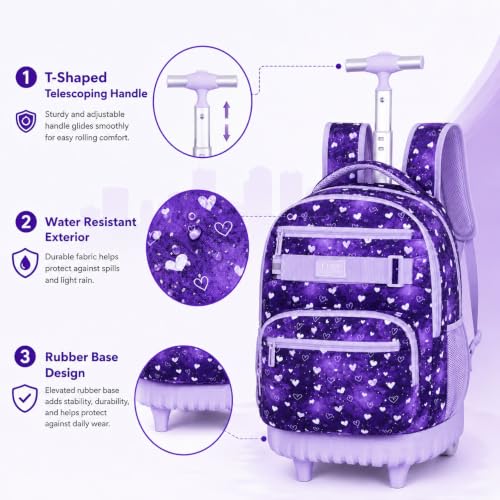 3Pcs Rolling Backpack for Girls Teens, 19" Wheeled Backpack with Lunch Box, Polka Dots Travel Roller Backpack for Women College Students (Purple) - color: Starry Sky Heart Purple