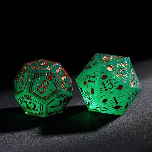 Cusdie 7-Die Sharp Edges DND Dice Set, Ranger Pattern Polyhedral D&D Dice Set for DND TTRPG Role Playing Games(Green w/Rose Gold Ranger Pattern) - color: Green W/Rose Gold Ranger Pattern