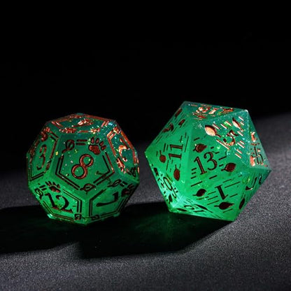 Cusdie 7-Die Sharp Edges DND Dice Set, Ranger Pattern Polyhedral D&D Dice Set for DND TTRPG Role Playing Games(Green w/Rose Gold Ranger Pattern) - color: Green W/Rose Gold Ranger Pattern