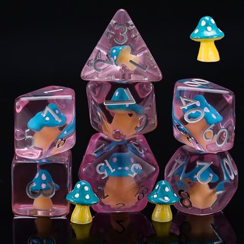 DND Mushroom Resin Dice Set, Polyhedral Dice for Dungeons and Dragons, RPG, MTG D&D 7-DIE (D4, D6, D8, D10, D12, D20, D%) - color: Blue Mushroom