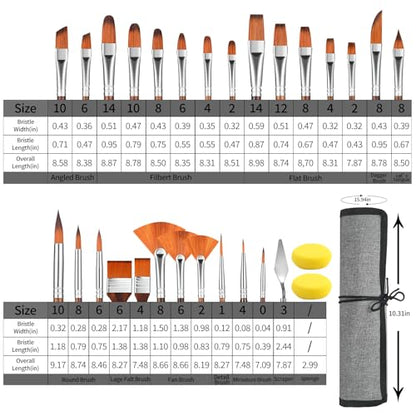 GETHPEN 29pcs Paint Brush Set, Acrylic Paint Brushes, Oil, Watercolor | Paint Brush 9 Shapes with Wide Flat, Filbert, Fan, Dagger, Cat Tongue, Round, Angle, Rigger with Palette Knife & Canvas Roll - style: Assorted Shapes