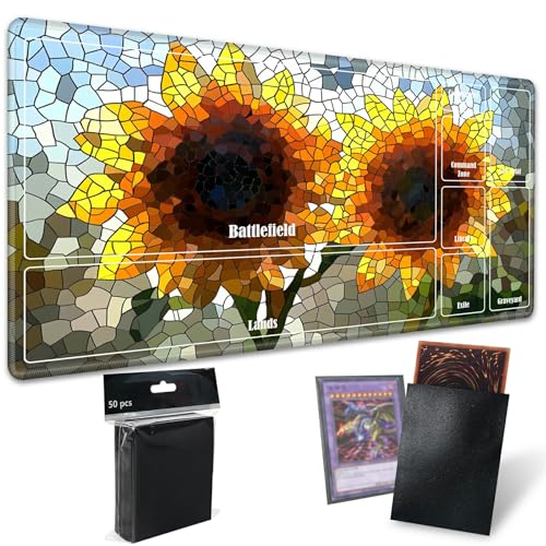 MTG Playmat with Zones, TCG Card Game Play Mat with Stitched Edges, Non-Slip Rubber Base Gaming Desk Mat, Smooth Surface 24 x 14 Inch, Mosaic Sunflowers - color: Mosaic Sunflowers, size: Zone 1