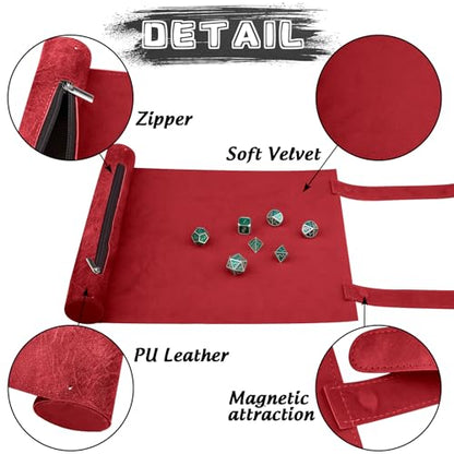 SIQUK 2 Pieces Magnetic Dice Mat Tray Rolling Mat with Zipper PU Leather Folding Scroll Dice Holder for D&D RPG Games (Red, Black) - color: Red, Black
