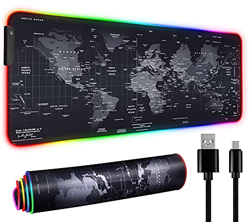 RGB Gaming Mouse Pad 31.5" x 12" – Large Extended LED Mouse Pad with 11 Lighting Modes, World Map Desk Mat, Waterproof Smooth Surface, Non-Slip Rubber Base, Great for Christmas & Holiday Gifts
