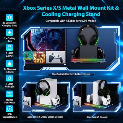 Wall Mount with Cooling Fan Charging Stand for Xbox Series X/S, Vertical Dual Controller Charger Station with 2 X 1100 mAh Rechargeable Battery for Xbox Console Accessories, 3 USB Ports, Headset Stand - size: Wall Mount+Cooling Charging Stand+Battery Pack