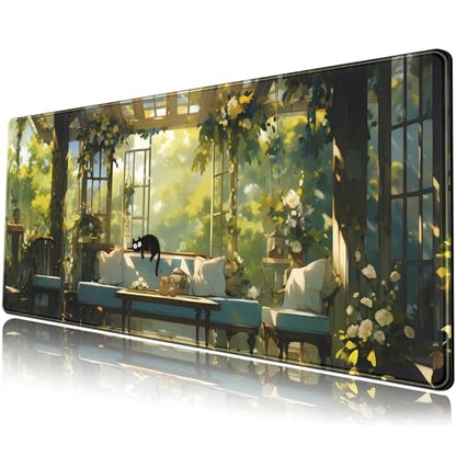 Cute Cat Desk Mat Green Plants Aesthetic Desk Pad Anime Kawaii Gaming Mouse Pad Large Mousepad Extended XL Laptop Keyboard Mouse Mat 31.5"x11.8" with Stitched Edges Non-Slip Rubber Base - color: Cute Cat