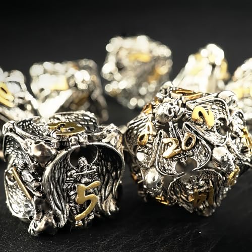 Angel Skull Gothic Hollow Metal Dice Set for DND RPG, 7-Piece Dungeons and Dragons Dice with Storage Case