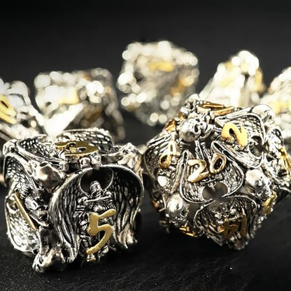 Angel Skull Gothic Hollow Metal Dice Set for DND RPG, 7-Piece Dungeons and Dragons Dice with Storage Case