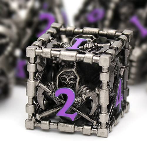 DND Dice Set,Grim Reaper Design Hollow Metal 7-Die,Purple Numbers | copper construction,76g balanced weight,engraved numbers,gift box and velvet bag for DND RPG play - color: Grim Reaper Purple Number