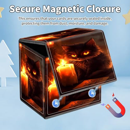 Card Deck Box for MTG Commander,Collectible Trading Storage Box Fits 120+ Single Sleeved Cards Magnetic Case PU Leather for Magic Commander TCG CCG MTG,Candle Cat Fire - color: Candle Cat Fire