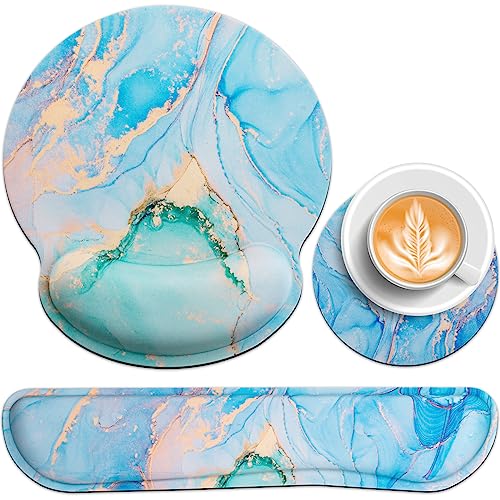 Mouse Pad Blue, 3-in-1 Mouse Pad with Wrist Rest for Keyboard and Mouse | Gaming Mousepad with Anti-Skid Base,Ergonomic Memory Foam Keyboard Gel Wrist Rest, Office Desk Accessories for Women - color: Jade Blue Marble