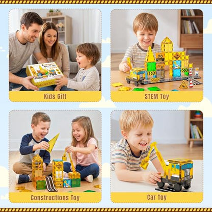 SKTMYY Magnetic Tiles for Kids, Construction Toys with Crane Road Truck Magnets Building Blocks Gifts for Kids Ages 3-5 4-8 Montessori Preschool Educational STEM Toy Gifts for 3+ Years Old Boys - style: Construction Magnetic Tiles
