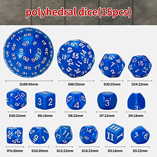 CiaraQ DND Polyhedral Dice Set (15pcs) D4-D100 Game Dice with Dice Bag | Acrylic Role Playing Dice for Dungeons and Dragons MTG Table Games (Blue & White) - color: Blue & White