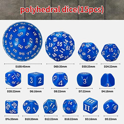 CiaraQ DND Polyhedral Dice Set (15pcs) D4-D100 Game Dice with Dice Bag | Acrylic Role Playing Dice for Dungeons and Dragons MTG Table Games (Blue & White) - color: Blue & White