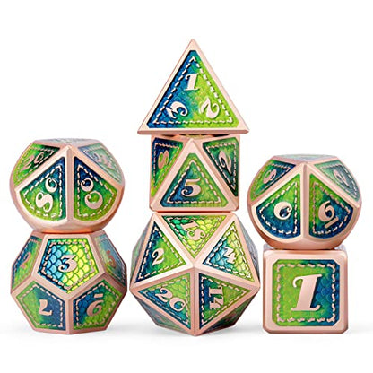 Metal DND Dice Set with Gift Metal Case DNDND 7 PCS Metallic Dungeons and Dragons Die for DND Game (Blue & Green with Matt Copper Edge) - color: Blue & Green With Matt Edge