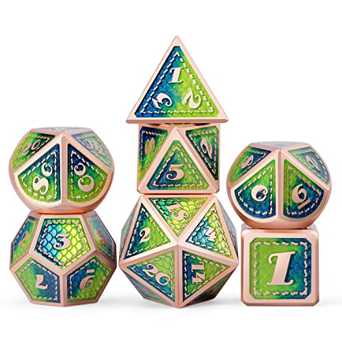 Metal DND Dice Set with Gift Metal Case DNDND 7 PCS Metallic Dungeons and Dragons Die for DND Game (Blue & Green with Matt Copper Edge) - color: Blue & Green With Matt Edge