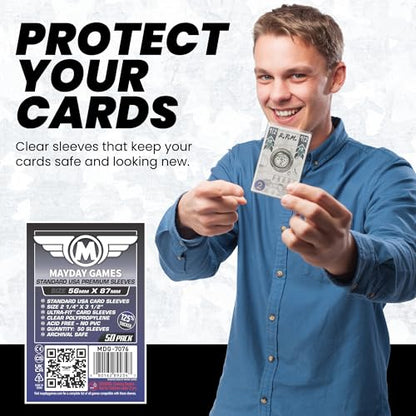 Mayday Games Premium Card Sleeves USA Standard 56x87mm - Clear Board Game and K-Pop Photocard Sleeves, 90 Micron Protector, 50 Pack - MDG-7076