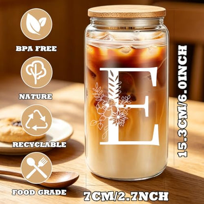 DHQH Birthday Gifts for Women, Monogrammed Gifts Box Included 16 oz Initial Glass Drinking Cup,Canvas Tote Bag, Personalized Iced Coffee Tumbler Gift for Women Her Mom Teacher Friends Sister, E - color: letter-cup-e