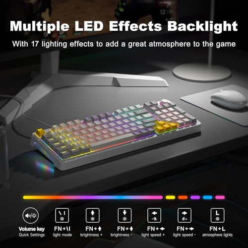 GEEZER AK96 Mechanical Gaming Keyboard, Pre-Lubed Red Switches, 96 Keys Full Size with LED Colorful Backlit, Clicky Creamy Sound, USB Wired Computer Keyboard with Volume Knob for PC, Mac, Windows