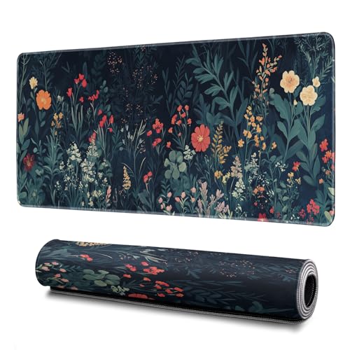 Flower Mouse Pad Abstract Big Mouse Pad 31.5x11.8 Inch Floral Texture Non-Slip Rubber Base Large Weeds Mousepad Stitched Edges Keyboard Mouse Mat Desk Pad for Office and Home - color: Flower 1