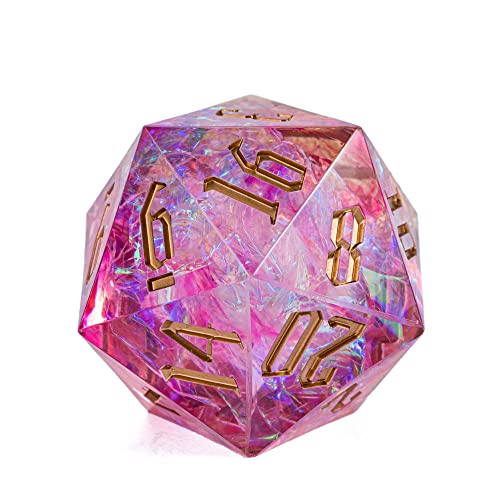 Cusdie Single D20 DND Dice with Sharp Edges and Glitter Foil Inclusions, 20 Sided D&D Dice, 33mm Handcrafted Polyhedral Dice, for Role Playing Game (N Pink) - color: Pink