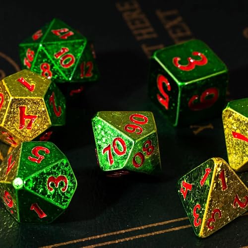7PCS DND Dice Set Sparkling D&D Polyhedral Dice for Tabletop Games | Leather Storage Bag, DM Gift, for Dungeons and Dragons Role Playing Games - color: Electroplated-green&yellow