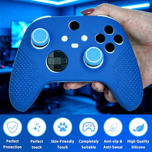 Anti-Slip Blue Controller Skin,Studded Edition Protective Silicone Cover Skin Grips Compatible with Xbox Series X/S Controller and 6 PCS Thumb Grips Caps. - color: Blue