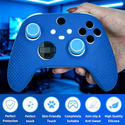 Anti-Slip Blue Controller Skin,Studded Edition Protective Silicone Cover Skin Grips Compatible with Xbox Series X/S Controller and 6 PCS Thumb Grips Caps. - color: Blue