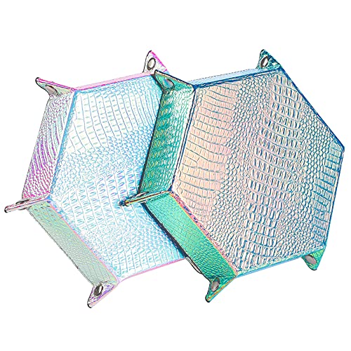 Grajar 2 Pcs Portable Folding Dice Rolling Tray Set for D&D DND Table Games - PU Leather and Velvet Holder Storage Box - Graduated Color Dragon Skin - color: Holographic Dragon Skin