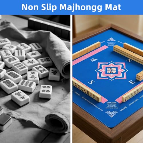PRETYZOOM 33x33 Inch Mahjong Mat with Drawstring Bag for American Chinese Board Games with Rules, Thick Rubber Non-Slip Square Table Cover, Portable Noise Reduction Edge Stitched Pad, Navy Blue