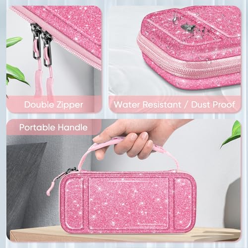 FINTIE Shockproof Carrying Case for Nintendo Switch Lite 2019 | Hard Shell Protective Cover, Portable Travel Storage Bag, Game Card / Micro SD Card Slots, Inner Pocket, Glittering Pink - color: Glittering Pink