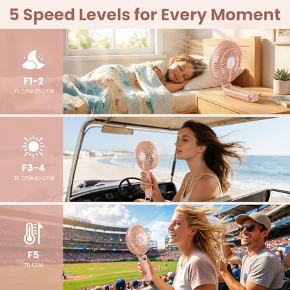 Portable Handheld Fan, 10000mAh Rechargeable 6-Inch Personal Fan for Travel | Ultra Quiet Foldable Desk Fan, 5-Speed Battery Operated Fan with Up to 40H Runtime and Digital Display for Travel and Makeup - color: Pink