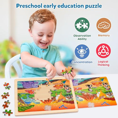 SYNARRY Wooden Dinosaur Puzzles for Kids Ages 4-6, 6 Packs 60 PCs Jigsaw Puzzles Educational Toys Gifts for Children Ages 4-8, Easter Basket Stuffers Gifts Toys for Kids