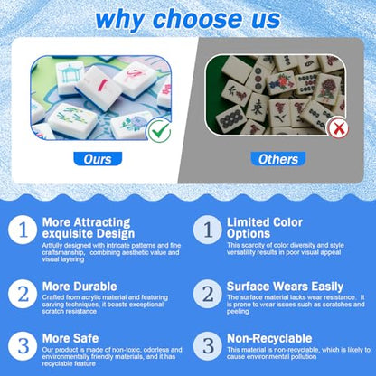 Soulchen 1.2in American Mahjong Tiles Set with Noise Reducing Mat 168 Acrylic Engraved Mahjong Game Tiles with Portable Storage Bags and 4 Dice for Adults Family Friends Collection Travel Game(Blue) - color: Blue