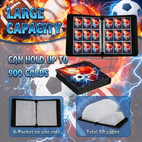 Trading Card Binder 9 Pocket, Card Binder Holds 900 Cards with 50 Removable Sleeves, Waterproof PU Leather with Zipper Card Collector Album Book Compatible with TCG Cards - color: Ball