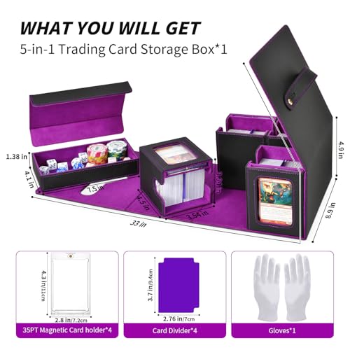 Commander Deck Box for MTG, Trading Card Storage Box Holds 400+ Double-Sleeved Cards, 5 IN 1 Removable Card Case with Dice Tray, Display Window with Magnetic Card Holders for TCG/CCG (Black Purple) - color: 5-IN-1-Black Purple