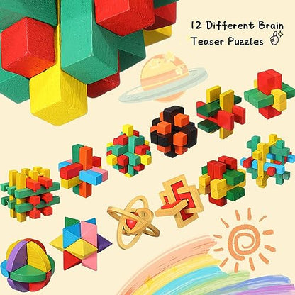 Syhood 12 Pcs Wooden Brain Teaser Puzzles 3D IQ Challenge Toy Games Logic Mind Smart Puzzle Box Lock Toy Brain Teaser Intellectual Removing Assembling Gift Set for Adults Teenagers