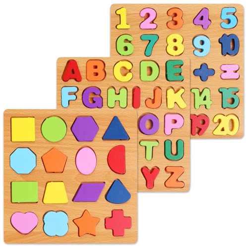 Alphabet Wooden Puzzles for Toddlers 3-5, Pack of 3 ABC, Number and Shape Puzzle, Preschool Educational Learning Toys with Puzzle Board & Letter Blocks for Girls Boys Ages 3 4 5 Years Old - color: Standard 3-pack