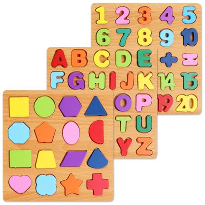 Alphabet Wooden Puzzles for Toddlers 3-5, Pack of 3 ABC, Number and Shape Puzzle, Preschool Educational Learning Toys with Puzzle Board & Letter Blocks for Girls Boys Ages 3 4 5 Years Old - color: Standard 3-pack