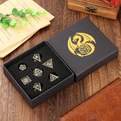 Metal Dice Set, Fly Dragon Pattern, 7pcs Polyhedral Metal DND Dice Set, DND Starter Set, D&D Gifts with Gift Box, Role Playing Board Games Accessories, Bronze ﻿ - color: Bronze